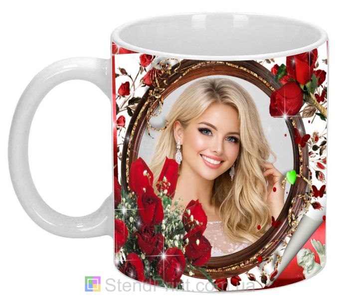 Горнятко з фото для коханої з червоними трояндами класичний романтичний подарунок замовити