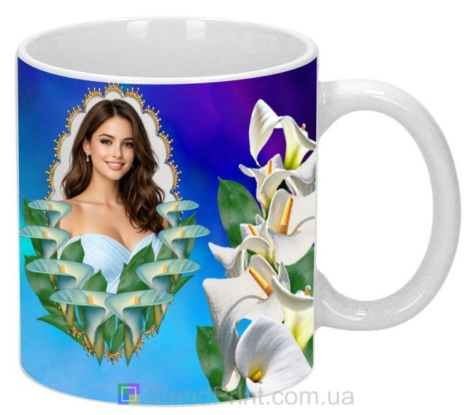 Кружка з фото для дівчини з білими каллами красивий подарунок замовити