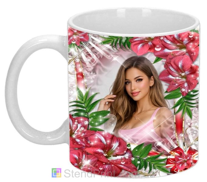 Чашка с фото с багряными лилиями и зелёным декором персональный цветочный дизайн