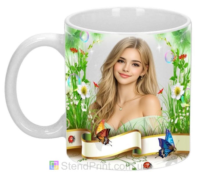 Кружка з фото «Літня галявина» з квітами та метеликами — яскравий персональний подарунок, замовити