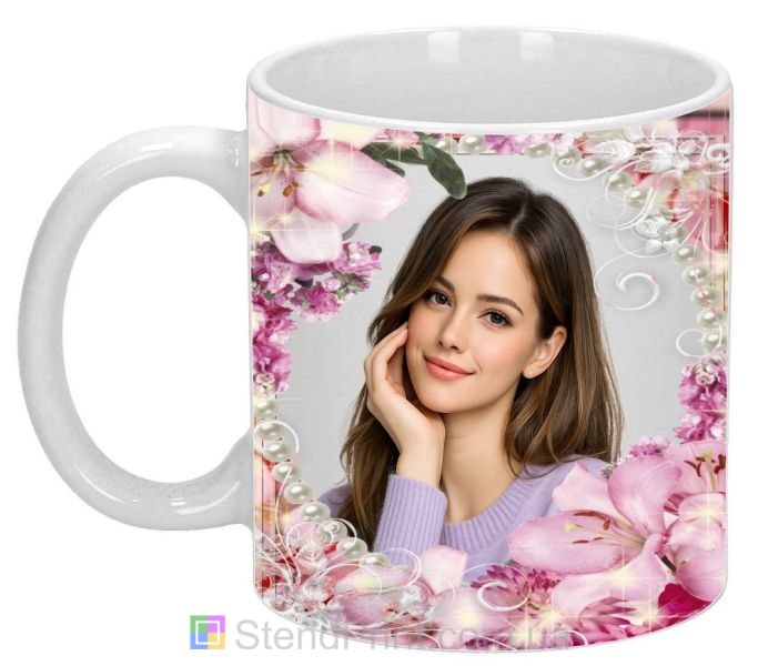 Кружка с фото для девушки с розовыми цветами заказать подарок