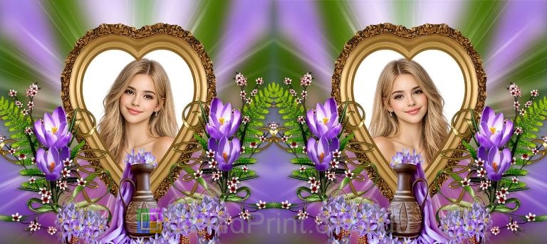 Кружка с фото в золотой рамке с фиолетовыми цветами романтичный персональный подарок заказать