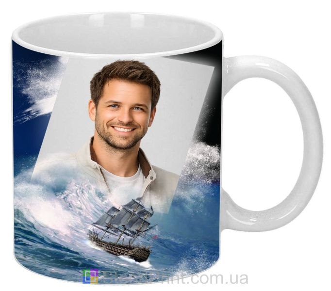 Кружка з фото на подарунок чоловіку з кораблем у морському штормі