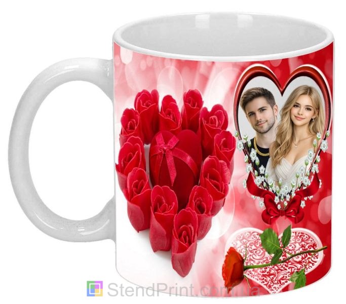 Кружка з фото в серці з червоними трояндами замовити