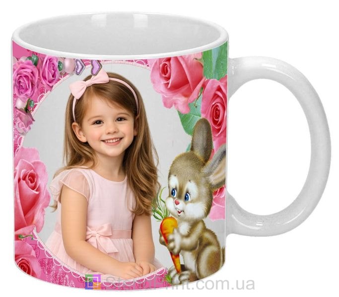 Горнятко з фото для дівчинки із зайчиком та трояндами милий подарунок замовити
