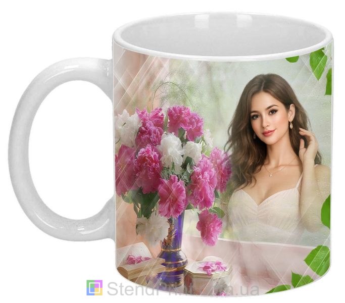 Чашка з фото півонії — весняний букет біля вікна, замовити