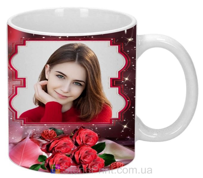 Кружка з фото з червоними трояндами та рамкою подарунок коханій дівчині
