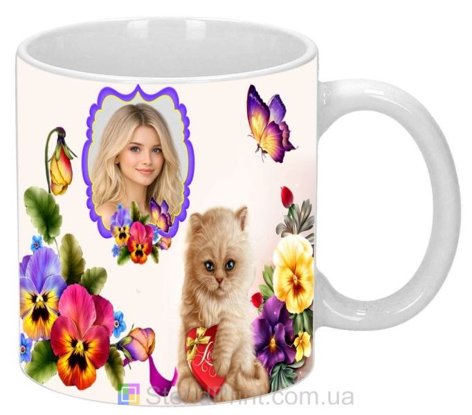 Чашка с фото с котёнком и яркими цветами нежный персональный подарок заказать