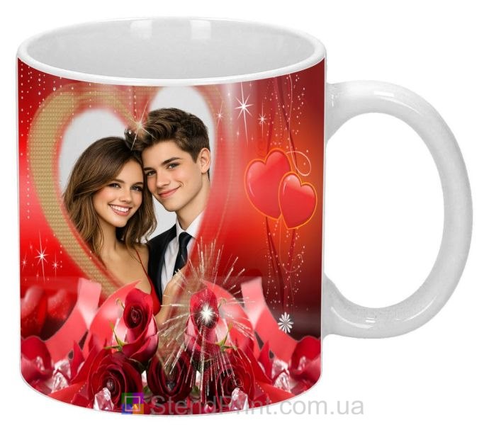 Чашка з фото для пари з серцем та трояндами романтичний подарунок до дня закоханих замовити