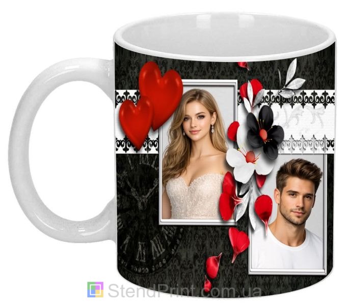 Кружка с фото с сердцами и цветами романтический коллаж на подарок для пары заказать