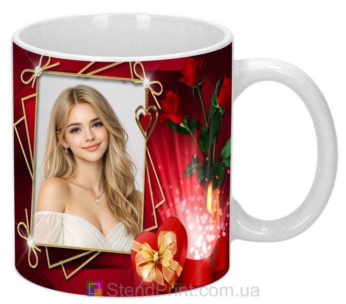 Кружка с фото в красном стиле с розами и золотой рамкой романтический подарок заказать