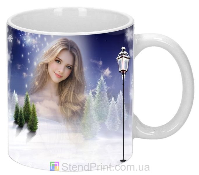 Кружка с фото зимний вечер с фонарем и сугробами