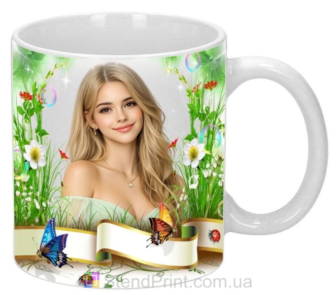Кружка з фото «Літня галявина» з квітами та метеликами — яскравий персональний подарунок, замовити