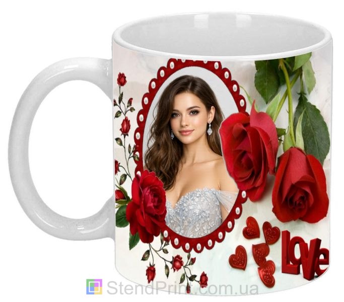 Кружка с фото с красными розами и Love подарок