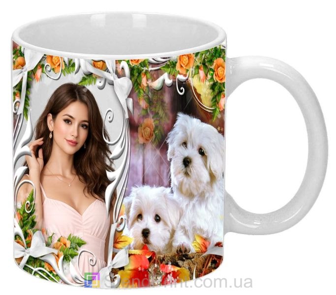 Чашка с фото белые собачки розы узоры заказать