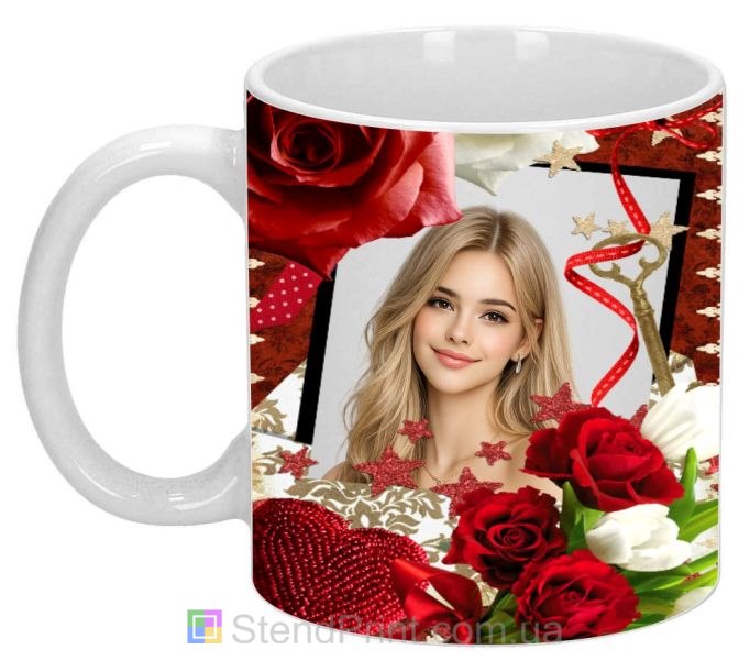 Кружка з фото з серцем і трояндами для коханої романтичний подарунок