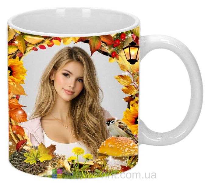 Кружка з фото осінь їжачок і пташка замовити