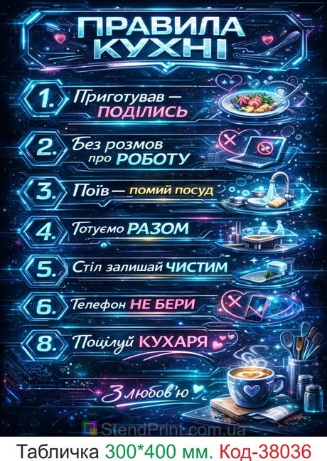 Табличка правила кухні неон стиль купити декор
