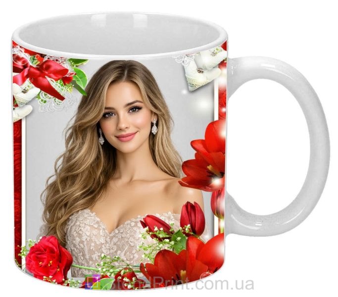 Кружка с фото с красными цветами романтический подарок с лентой заказать