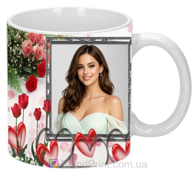 Горнятко з фото з трояндами та серцями ніжний романтичний подарунок з квітковим дизайном замовити