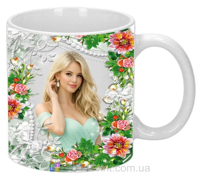 Кружка з фото перлинні нитки квітковий орнамент замовити фотодрук