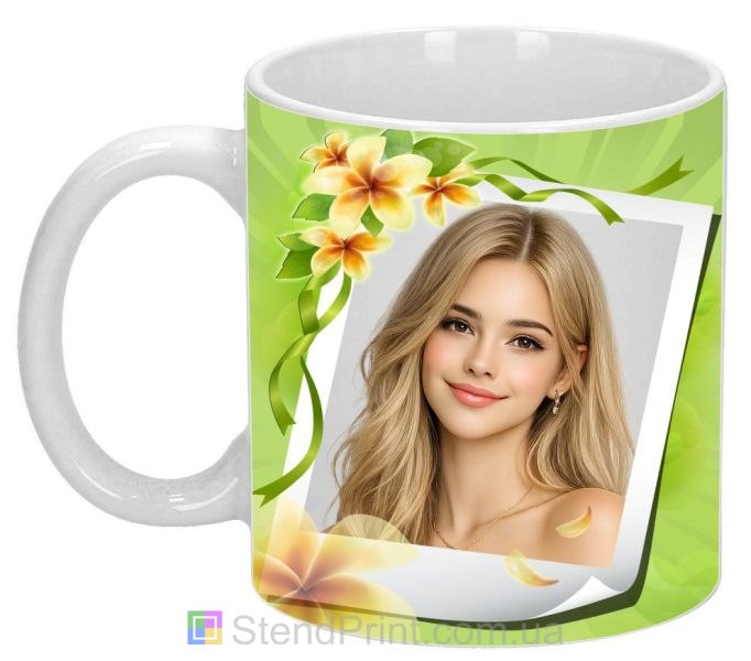 Кружка с фото для девушки с цветами яркий подарок заказать