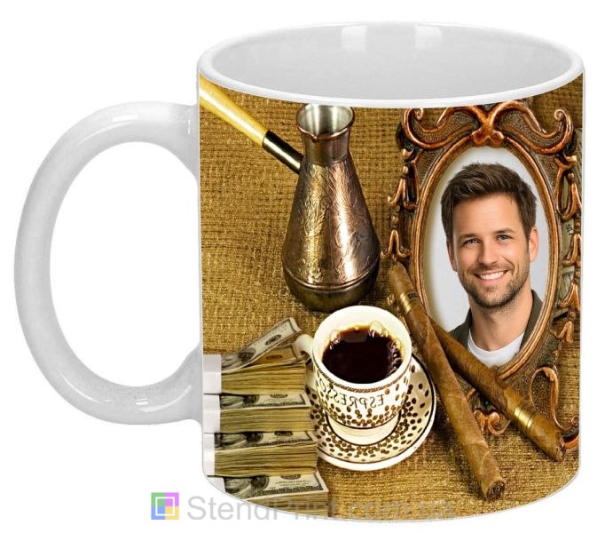 Чашка с фото с кофе и сигарами персональный подарок мужчине в стильном коллаже заказать