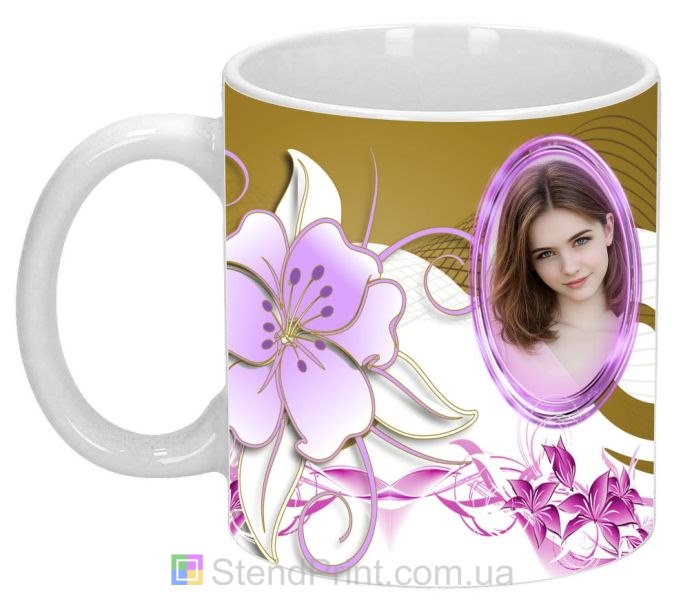 Кружка с фото для девушки с сиреневыми цветами заказать подарок