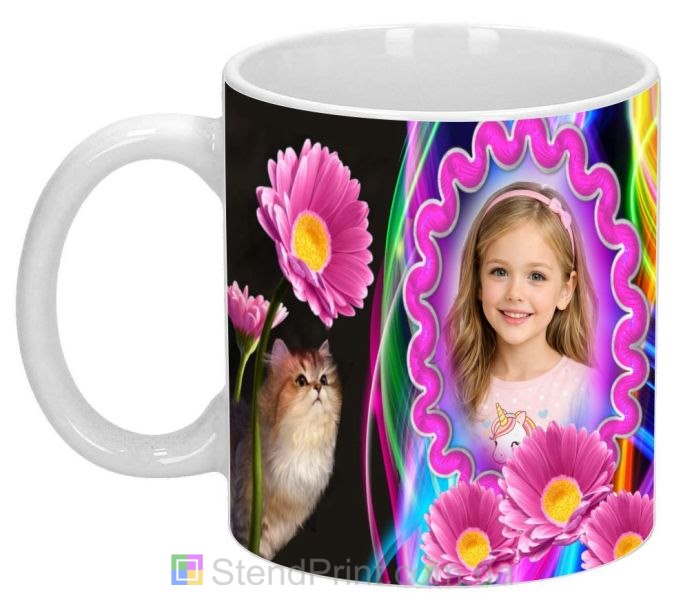 Чашка з фото для дівчинки — подарунок із кошеням і квітами, замовити