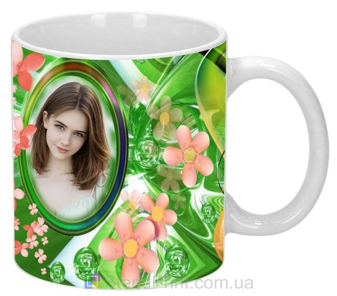 Кружка с фото для девушки цветочный зелёный дизайн подарок заказать