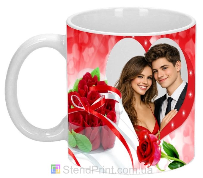 Кружка з фото в серці з трояндами романтичний подарунок замовити