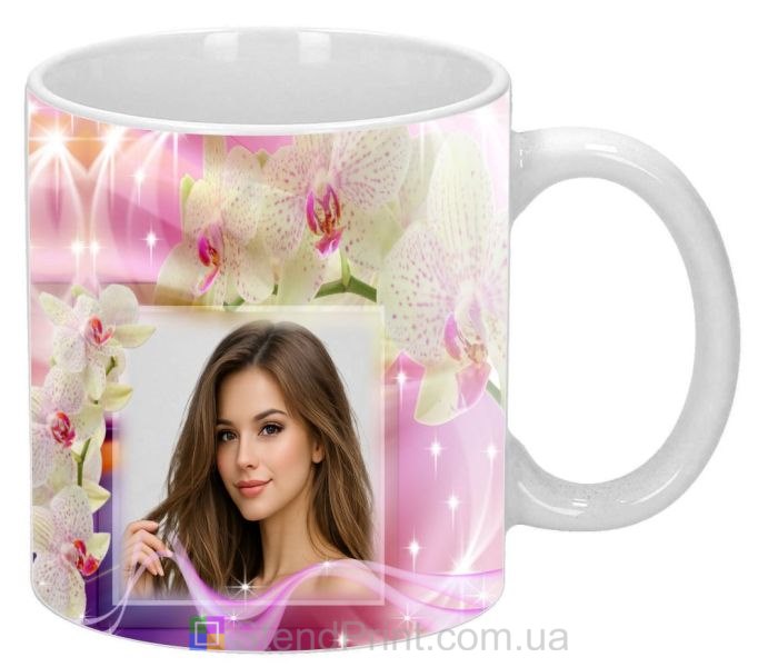 Кружка з фото для коханої з орхідеями романтичний подарунок замовити