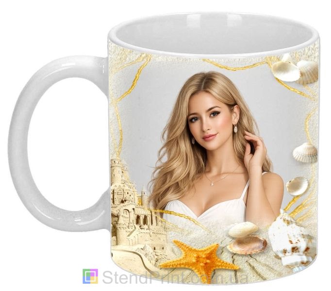 Кружка з фото піщане узбережжя, мушлі, морська зірка — замовити