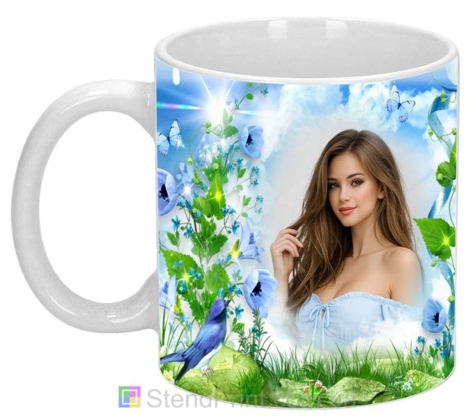 Чашка с фото для девушки нежный цветочный дизайн с птицей заказать