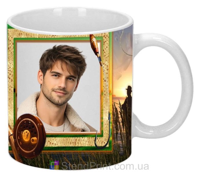 Кружка з фото в рибальському стилі на фоні заходу сонця — персональний подарунок рибалці, замовити