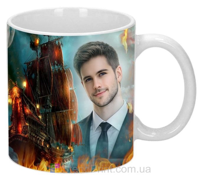 Чашка з фото на подарунок чоловіку зі старовинним вітрильником і вогнем