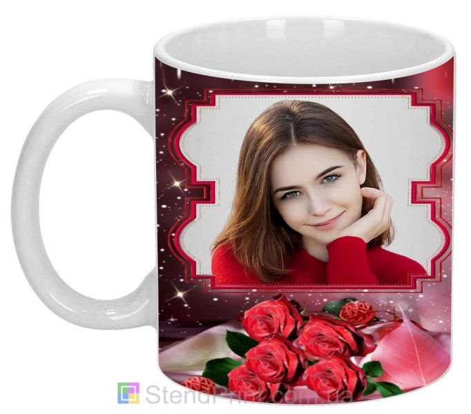 Кружка з фото з червоними трояндами та рамкою подарунок коханій дівчині