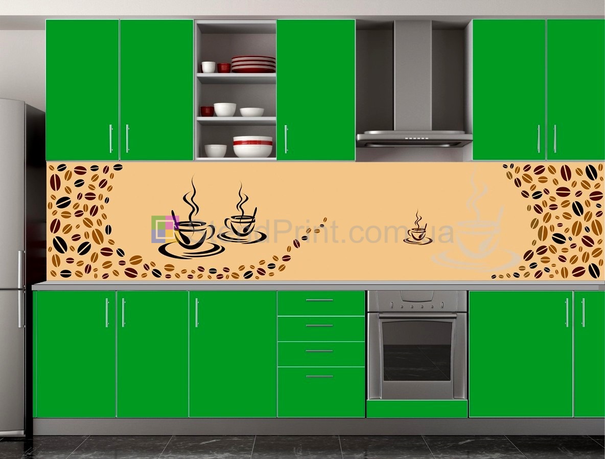 Белая кухня с зеленым фартуком