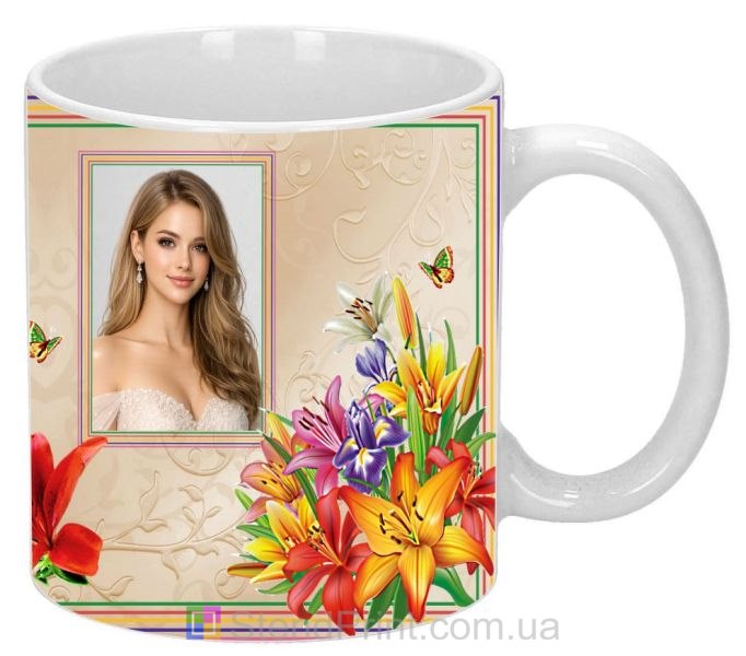 Чашка с фото для девушки с лилиями заказать красивый подарок
