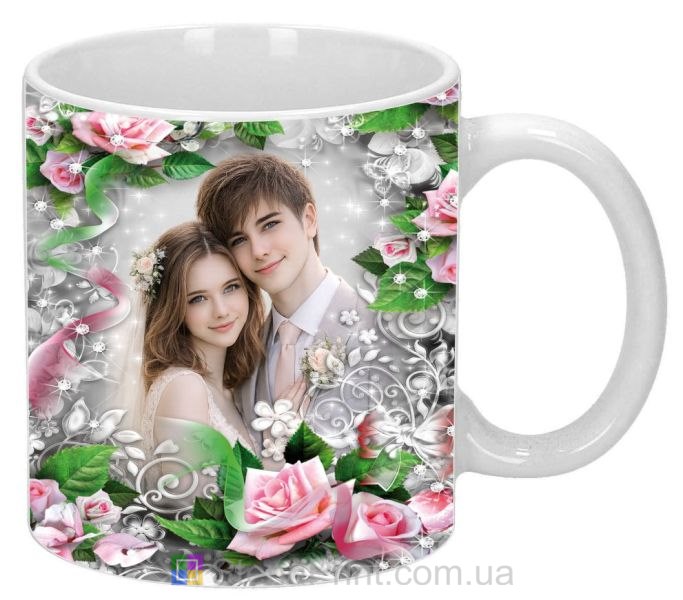 Кружка с фото розы и лиственный узор со своим фото заказать
