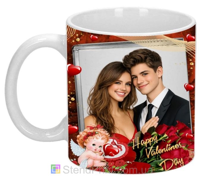 Чашка с фото ко Дню влюблённых с розами и сердцами персональный подарок заказать