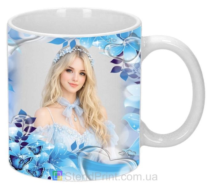 Кружка з фото у блакитному квітковому дизайні замовити