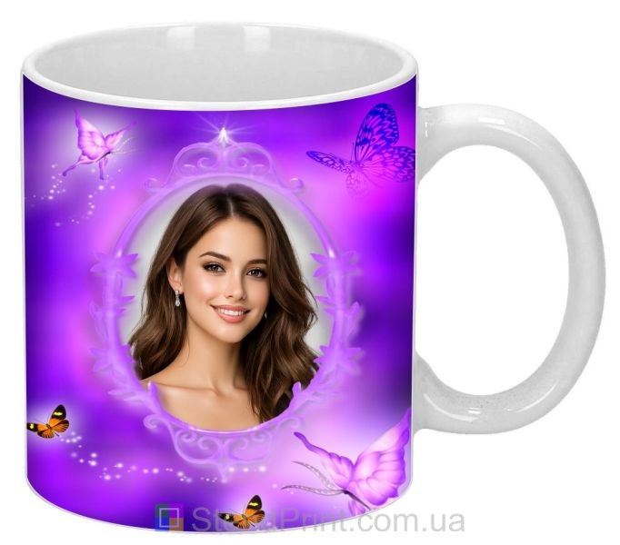 Кружка з фото для дівчини — фіолетовий дизайн із метеликами, замовити