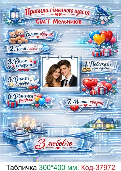 Постер правила сімейного щастя з фото та прізвищем купити