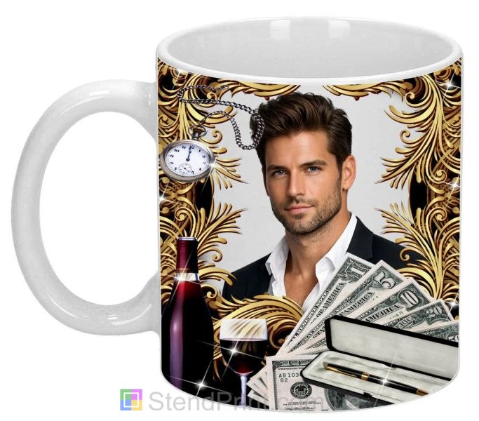 Чашка з фото на подарунок чоловіку із золотим декором і грошима