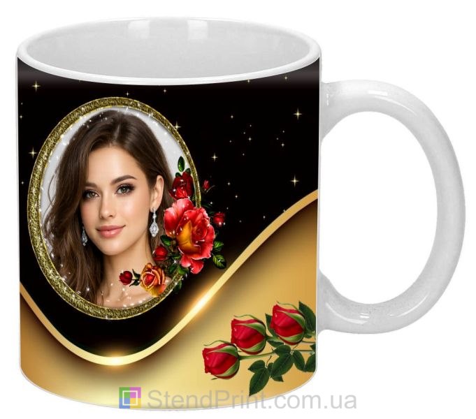 Кружка с фото для девушки с красными розами и золотой рамкой