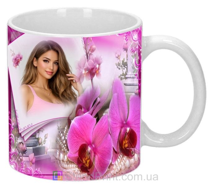 Кружка с фото орхидеи и жемчуг элегантный подарок заказать фотопечать