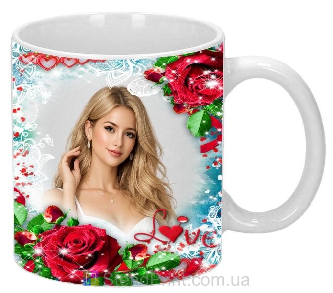 Кружка с фото с красными розами Love романтичный подарок