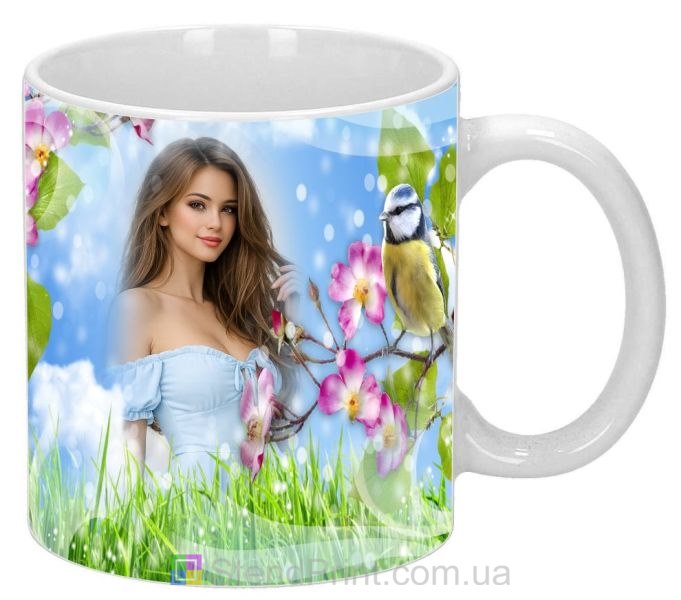 Кружка с фото весенняя природа лужайка цветущие деревья заказать
