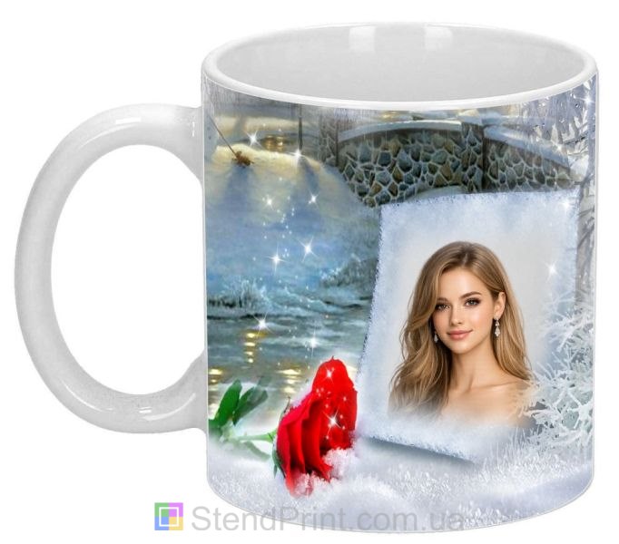 Кружка з фото для дівчини зимовий подарунок із трояндою замовити